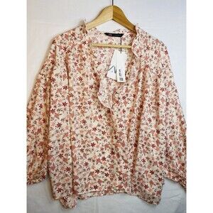 NEW Zara Floral Print Pattern Size XL Pink Ruffle Long Sleeve Blouse Top